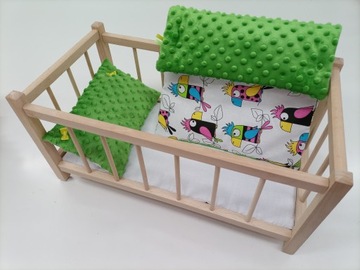 ŁÓŻECZKO DLA LALKI DREWNIANE + POŚCIEL + MATERAC