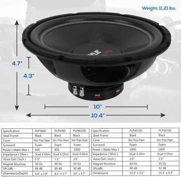 Głośnik Basowy Subwoofer 10' Niskotonowy 500W RMS Dual 2x 4 Ohm PYLE Power
