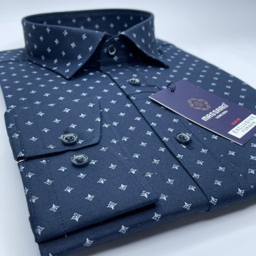 Elegancka granatowa PREMIUM koszula męska z lycrą w drobne wzorki SLIM-FIT