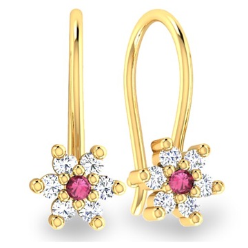 СЕРЬГИ ЦВЕТКИ С РУБИНОВЫМ САПФИРОМ, ЗОЛОТО 585 ПРОБЫ