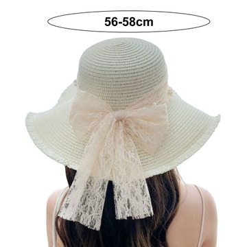 Women Straw Hat Lace Bow Faux Pearl Decor Beach Sun Hat Wide