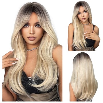 PERUKA damska OMBRE jasny BLOND peruki z grzywką długie włosy JAK NATURALNA