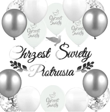 Balony srebrne CHRZCINY dekoracje CHRZEST + IMIĘ