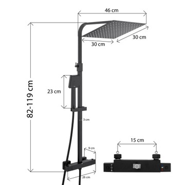 Bateria kolumna prysznicowa z termostatem i deszczownicą czarna termostat