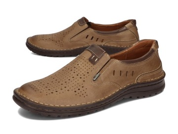 Buty męskie na lato skórzane przewiewne Mokasyny POLSKIE 070/FEN brązowe 45