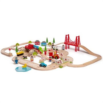 Kolejka drewniana, tory, mosty i droga 80 el. pociąg przejazd Bigjigs Rail