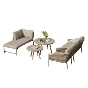 Modern Rope Garden Set w/ Cushions, Patio & Balcony Sofa, Khaki