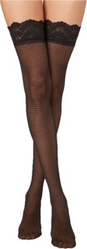 CALZEDONIA POŃCZOCHY SAMONOŚNE GĘSTY WZÓR FALE KORONKA CZARNE 3/4 M/L