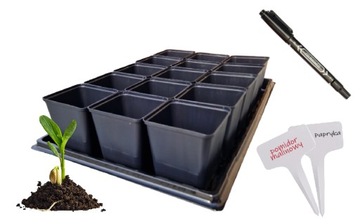 15 x Doniczka P9 9cm Rozsada Wysiew+ PODSTAWKA + MARKER + 15 x TABLICZKI