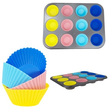 BLACHA na MUFFINKI + 12 SILIKONOWYCH FOREMEK do BABECZEK FORMA NA CIASTKA