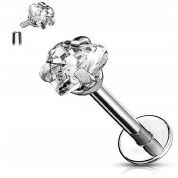 Labret Kolczyk do Ucha z Sercem Kryształek SS316L 1,2/8/3 mm