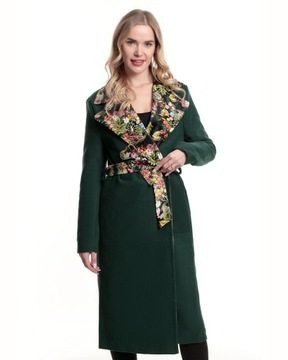 Płaszcz damski elegancki wiosenny wełniany print kwiaty wiązany długi