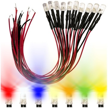 DIODY LED 12V 5mm 8 KOLORÓW przewód 20cm PRZEŹROCZYSTE 10szt