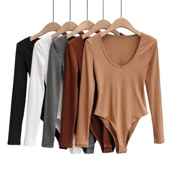 Women V Neck Long Sleeve Ribbed Bodysuit