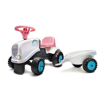 TRAKTOREK TRAKTOR JEŹDZIK PRZYCZEPKĄ KIEROWNICĄ RAINBOW BIALY KLAKSON FALK