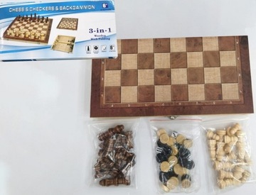 Drewniane Szachy Warcaby Backgammon Tryktrak turniej mały 3w1