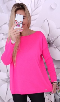 MODNY SWETER NEONOWA FUKSJA LUŹNY SWETEREK DAMSKI KOBIECY RÓŻ BARBIE 622