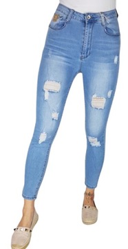 SPODNIE JEANSOWE HIGH WAIST Z DZIURAMI DENIM r. 40