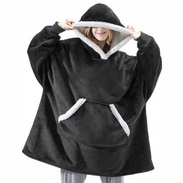 CIEPŁA BLUZA KOC OVERSIZE KOCOBLUZA 2W1 XXL CZARNA GRUBA FUTRZAK KAPTUR