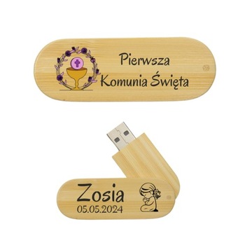 PENDRIVE DREWNIANY BAMBUSOWY Z NADRUKIEM PIERWSZA KOMUNIA ŚWIĘTA 16GB 2.0