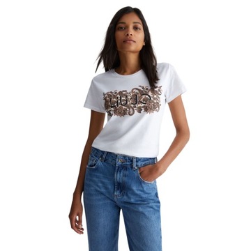 LIU JO - T-shirt z nadrukiem Paisley i cyrkoniami biały M