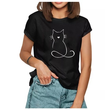 KOSZULKA DAMSKA T-SHIRT Z NADRUKIEM KOTEK L