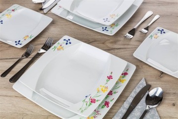 TALERZE KWADRATOWE czeska porcelana KWIATY KOMPLET OBIADOWE 6 osób jadalnia