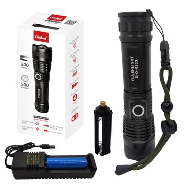 Latarka ręczna LED akumulatorowa klasyczna taktyczna 500lm ZOOM USB w teren