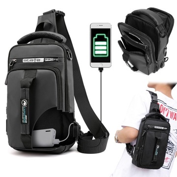 MAŁY PLECAK SASZETKA NERKA MĘSKA NA JEDNO RAMIĘ + USB POWERBANK