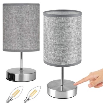 LAMPA NOCNA STOŁOWA E14 DOTYKOWEGO Z SZARYM ABAŻUREM I 2 PORT ŁADOWANIA USB
