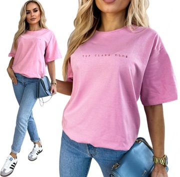 BAWEŁNIANA BLUZKA damska oversize koszulka t-shirt krótki rękaw napis