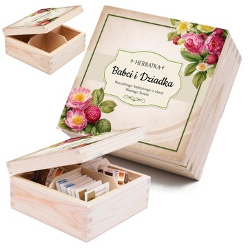 Prezent dla babci i dziadka drewniana herbaciarka z nadrukiem wzory eko box