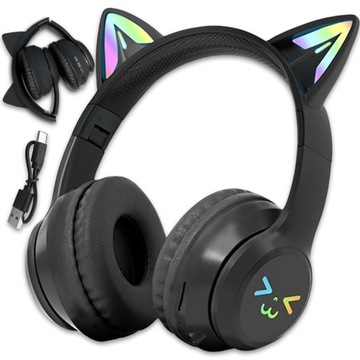 SŁUCHAWKI BEZPRZEWODOWE NAUSZNE BLUETOOTH DLA DZIECKA MIKROFON KOCIE USZY