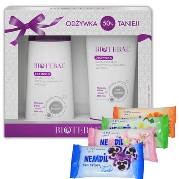 Biotebal szampon i odżywka do włosów ZESTAW + chusteczki