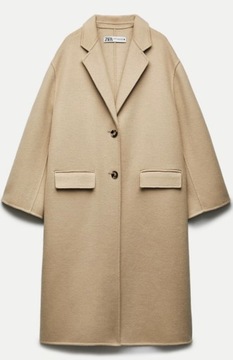 ZARA płaszcz oversize z wełną,"handmade", kolor jasny camel/beż, r. XS/S -M