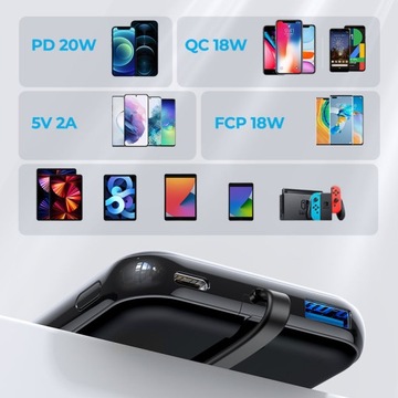 Powerbank 10000 мАч, 20 Вт, быстрая зарядка USB, встроенный кабель USB-C USB-C, черный