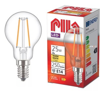 PILA Żarówka LED E14 2W = 25W 2700K CIEPŁA FILAMENT 250lm KULKA P45