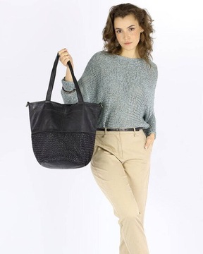 Skórzana torba damska pleciona shopper bag czarny - MARCO MAZZINI v237e