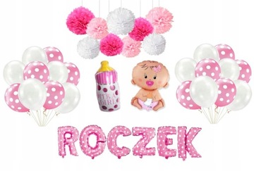 Zestaw urodzinowy roczek balony bobas girl party różowe dziewczynka butelka