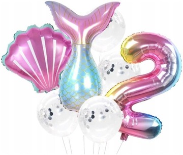 Balony urodzinowe 7szt konfetti 2 latka syrenka