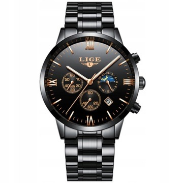 Zegarek męski LIGE bransoleta czarny chronograf datownik