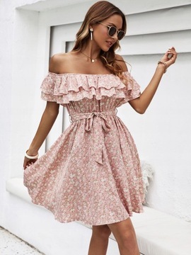 SUKIENKA LETNIA BOHO W KWIATY Z ODKRYTYMI RAMIONAMI RÓŻOWA SHEIN XS 34