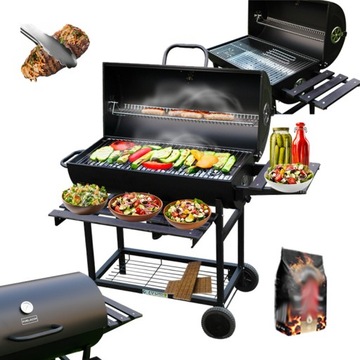 GRILL OGRODOWY WĘGLOWY Z POKRYWĄ I PÓŁKAMI VL03 CZARNY