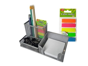 Przybornik na biurko metalowy organizer biurowy Net 3A srebrny + gratis
