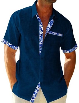 Przewiewna casual męska Koszula Lniana krótki rękaw hawajska Koszula