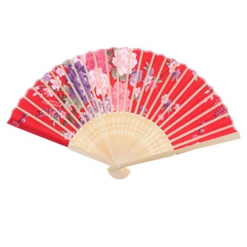 Hand Held Floral Fan Women Silk Fabric Folding Red