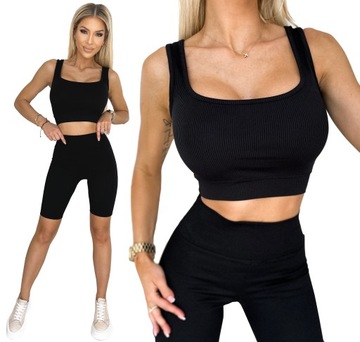 Kobiecy Prążkowany CROP TOP Wygodny Sportowy Elastyczny Czarny L