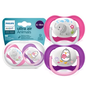 Пустышка Avent Ultra Air Animals для девочек 6–18 лет.