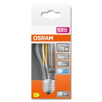 Светодиодная лампа E27 A60 7,5W 75W 4000K FILAMENT OSRAM
