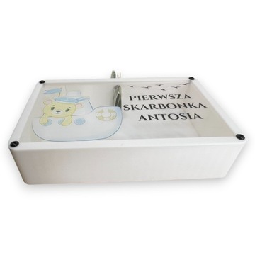 Skarbonka z grafiką, duża PIERWSZA SKARBONKA imię prezent CHRZEST